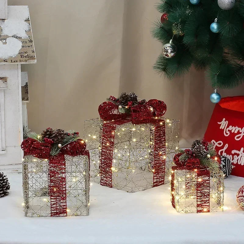 3pcs Christmas Iron Gift Box Decoration (Without Battery)