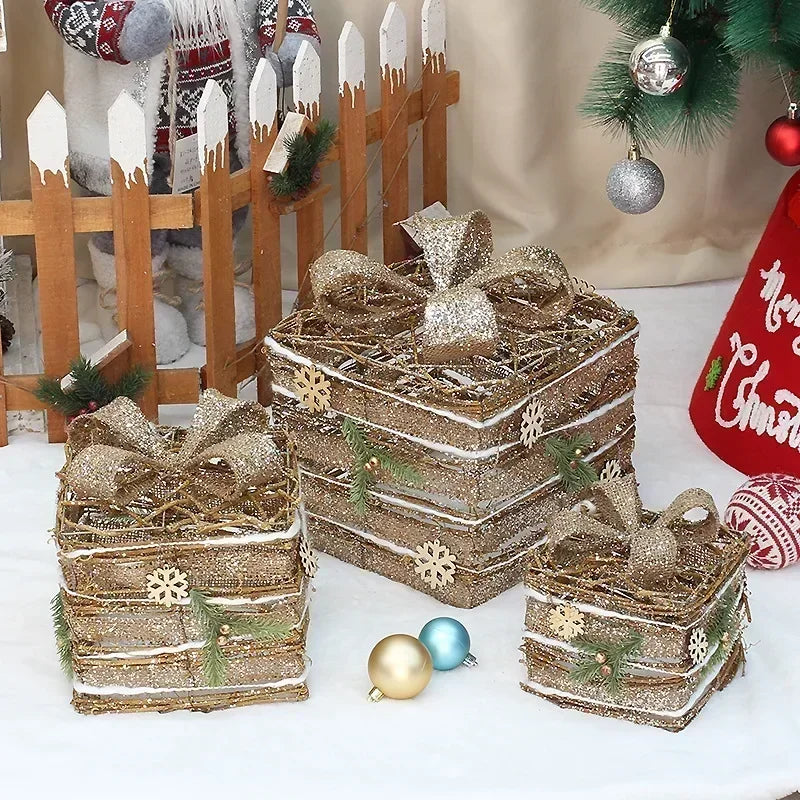 3pcs Christmas Iron Gift Box Decoration (Without Battery)