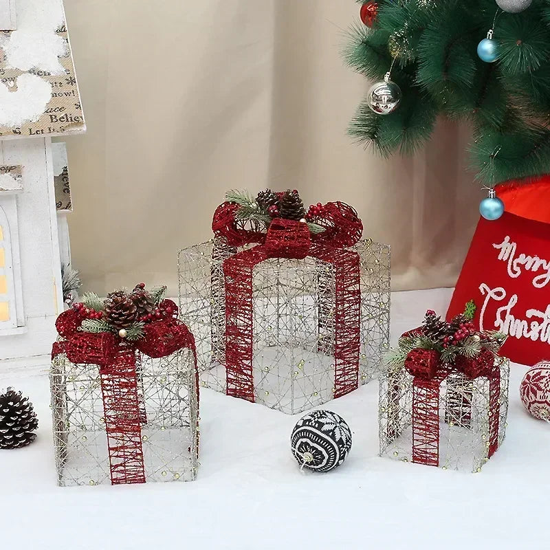 3pcs Christmas Iron Gift Box Decoration (Without Battery)