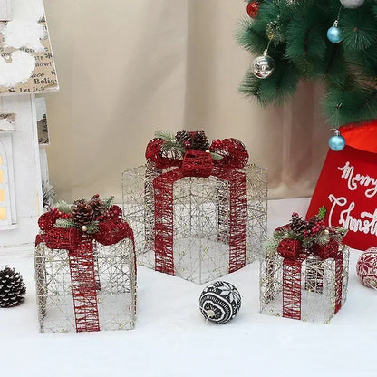 3pcs Christmas Iron Gift Box Decoration (Without Battery)