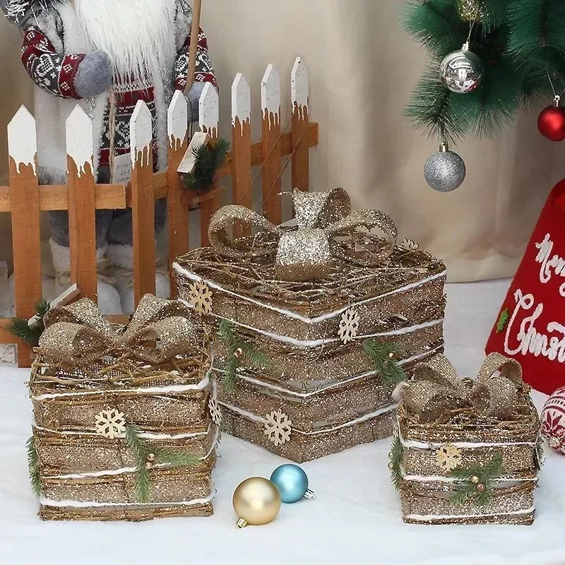 3pcs Christmas Iron Gift Box Decoration (Without Battery)