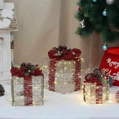 3pcs Christmas Iron Gift Box Decoration (Without Battery)