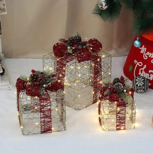 3pcs Christmas Iron Gift Box Decoration (Without Battery)