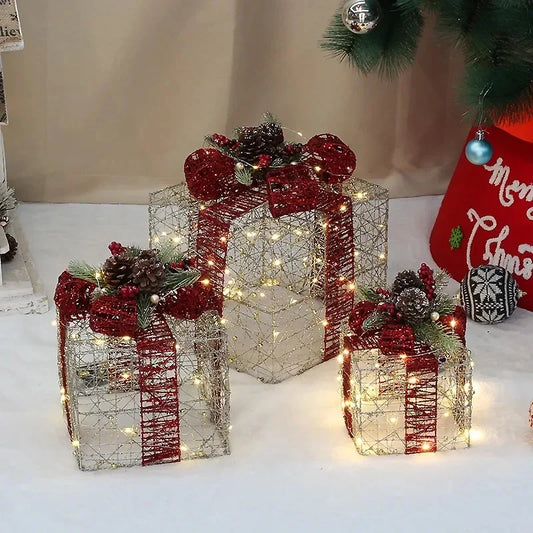3pcs Christmas Iron Gift Box Decoration (Without Battery)