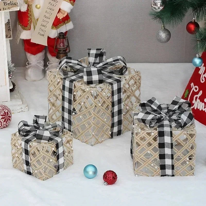 3pcs Christmas Iron Gift Box Decoration (Without Battery)
