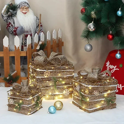 3pcs Christmas Iron Gift Box Decoration (Without Battery)